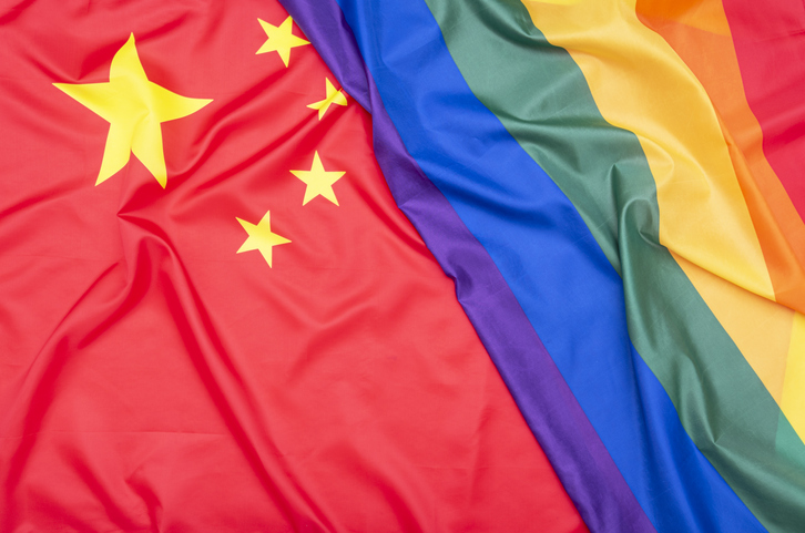 Natural fabric flag of China and LGBT Rainbow flag as texture or background, concept picture about human rights